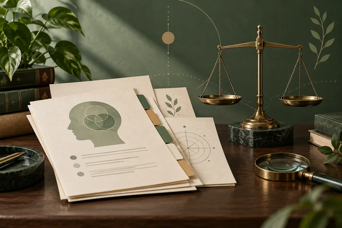 A stack of illustrated report pages shows a head profile with overlapping circles, beside a brass balance scale, books, a plant, and a magnifying glass.