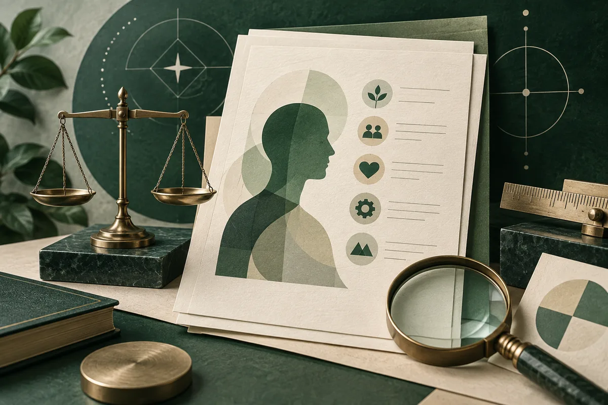 Illustrated papers show a human profile and a vertical row of icons, with a brass balance scale, ruler, books, and magnifying glass arranged around them.