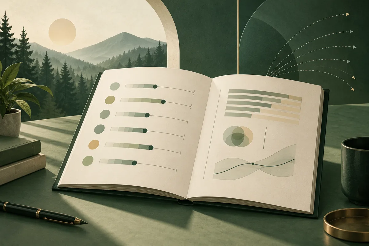 An open book displays abstract scales, colored bars and a line graph on a desk, with a forested mountain view behind it.