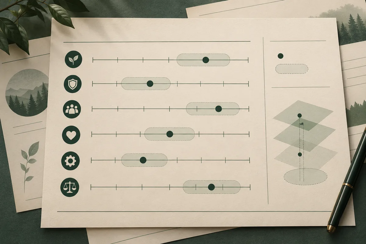 A cream report page shows six horizontal scales with markers and icons, alongside a layered diagram and overlapping pages.
