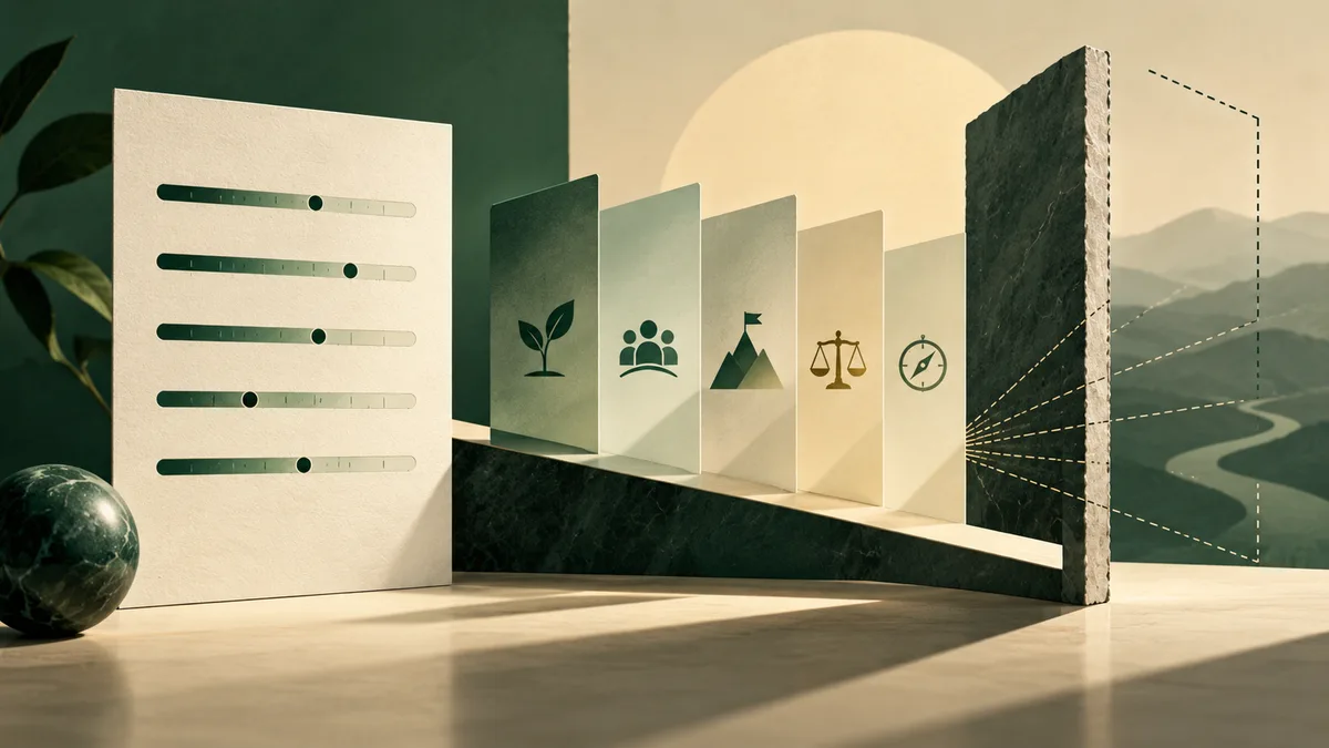 A cream card with five green slider bars stands beside panels bearing plant, group, mountain, scales, and compass icons; dotted lines extend toward a distant landscape.