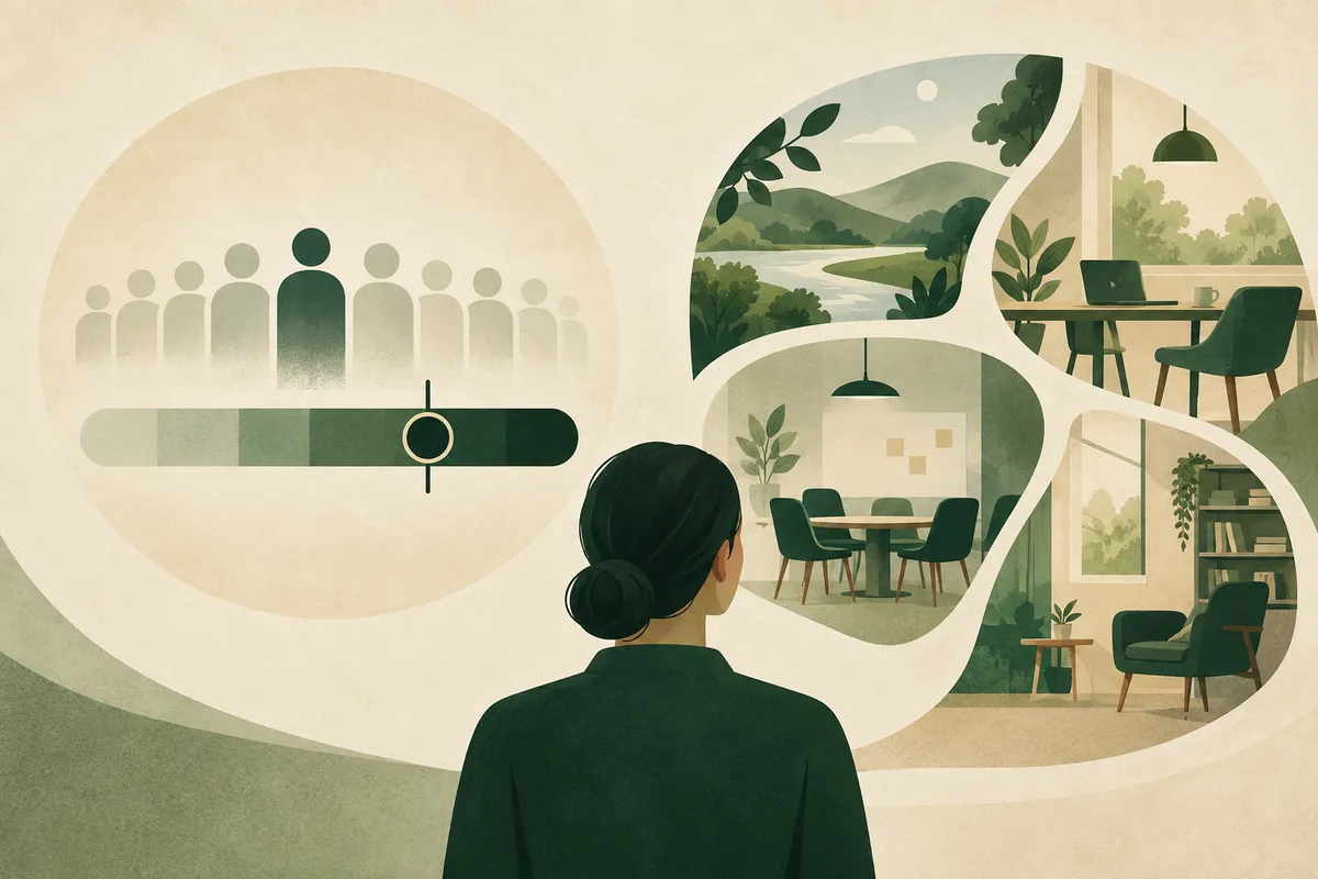 A figure seen from behind faces a row of silhouettes above a segmented slider, alongside illustrated outdoor and furnished office scenes.