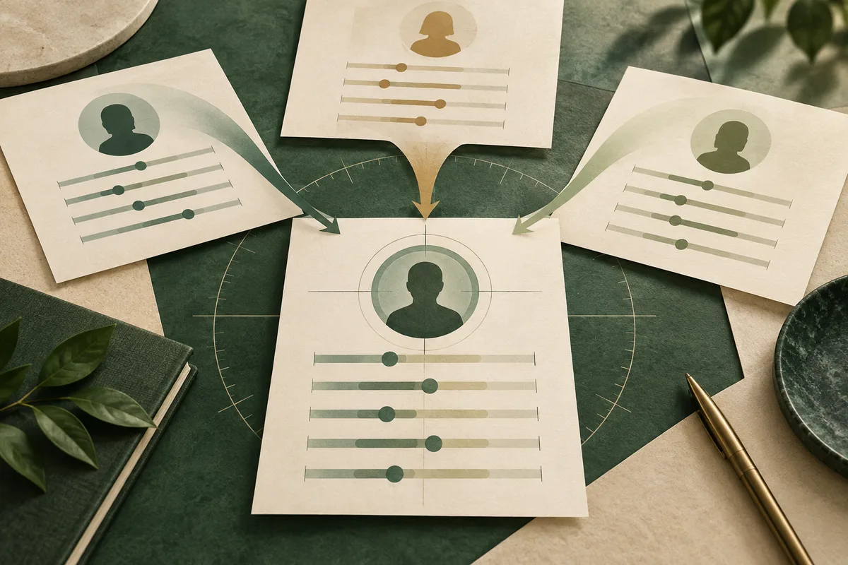 Four cream-colored profile cards with silhouette icons and horizontal measurement lines point toward a larger central card on a dark green surface.