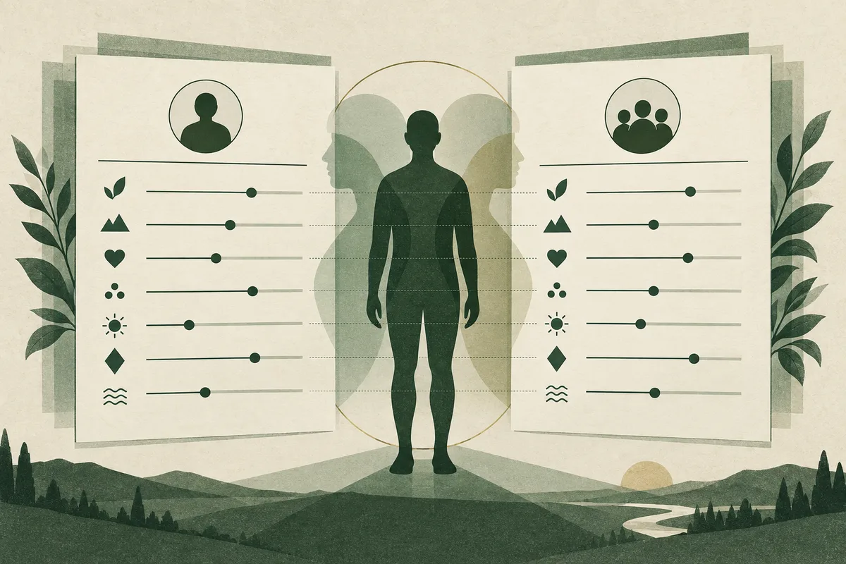 A standing human silhouette appears between two large comparison panels filled with silhouette icons, symbols, and horizontal measurement lines, above layered green hills.