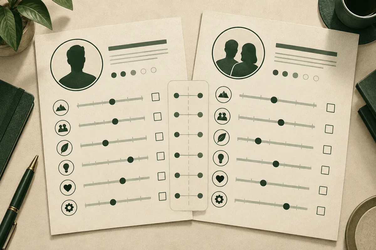 Two cream-colored assessment sheets lie side by side, showing silhouette portraits, horizontal scales, circular markers, square checkboxes, and small symbols.