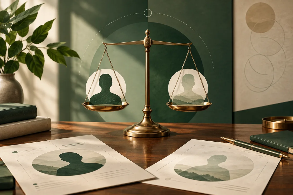 Brass balance scales hold two circular portrait silhouettes above report pages on a wooden desk, with books, a plant, and a pen nearby.