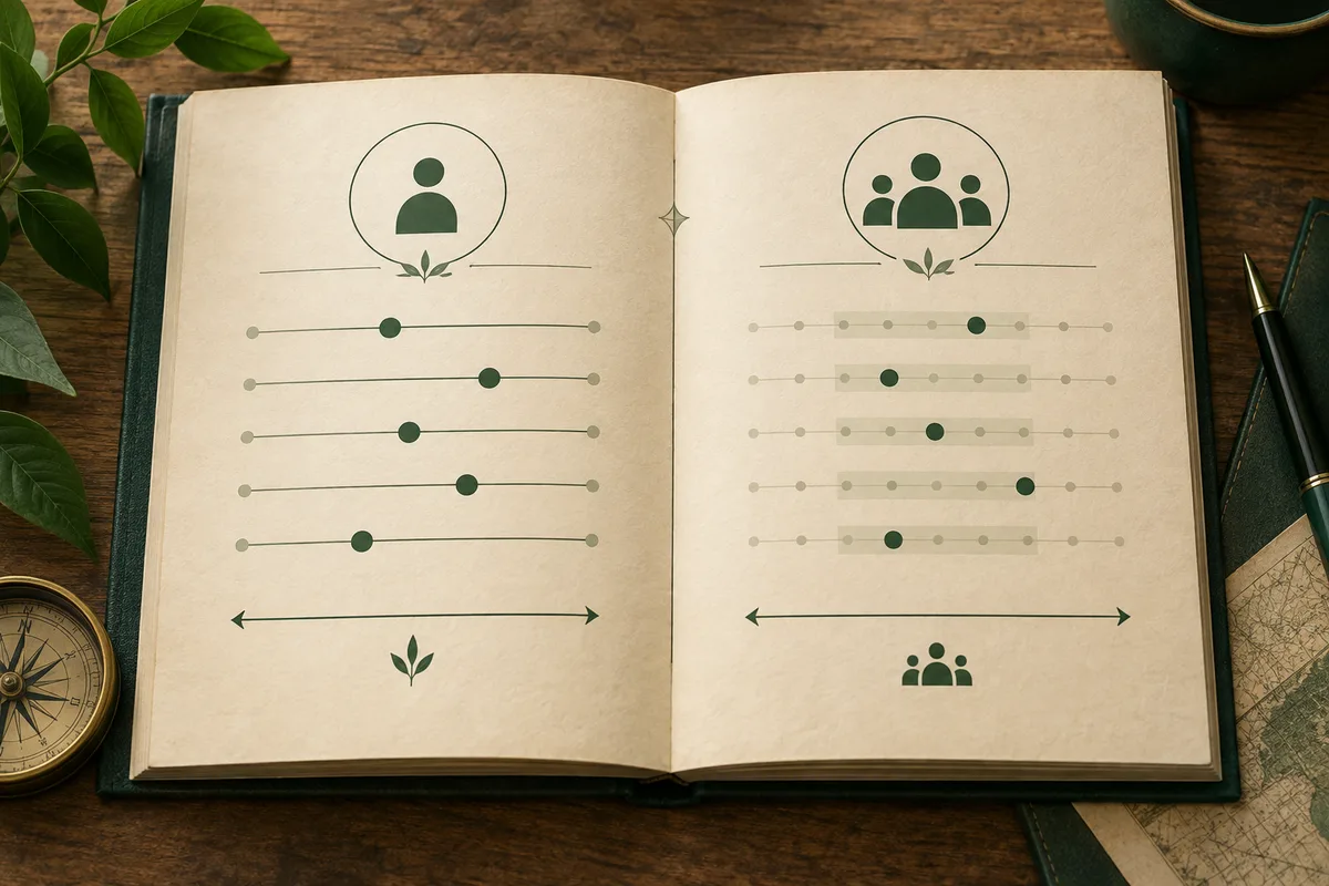 An open book displays a single-person icon on one page and a group icon on the other, above rows of horizontal lines with green dots.