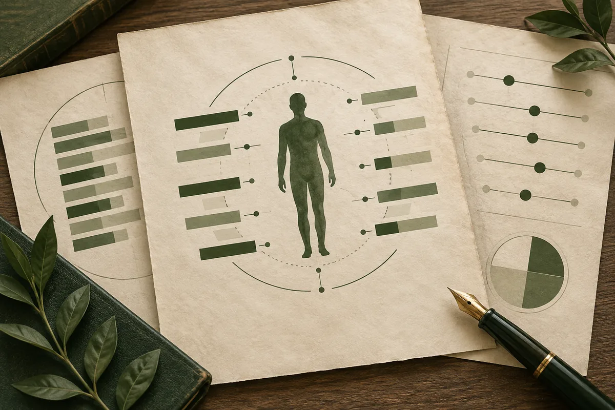 Layered report pages show a green human silhouette surrounded by dots and horizontal bars, with a partial pie chart and pen beside it.