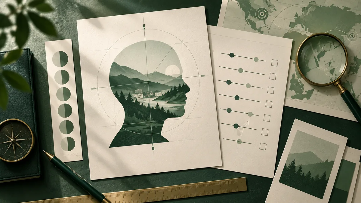 Profile silhouette filled with a mountain landscape, beside a checklist, map, compass, magnifying glass, pen, and ruler.