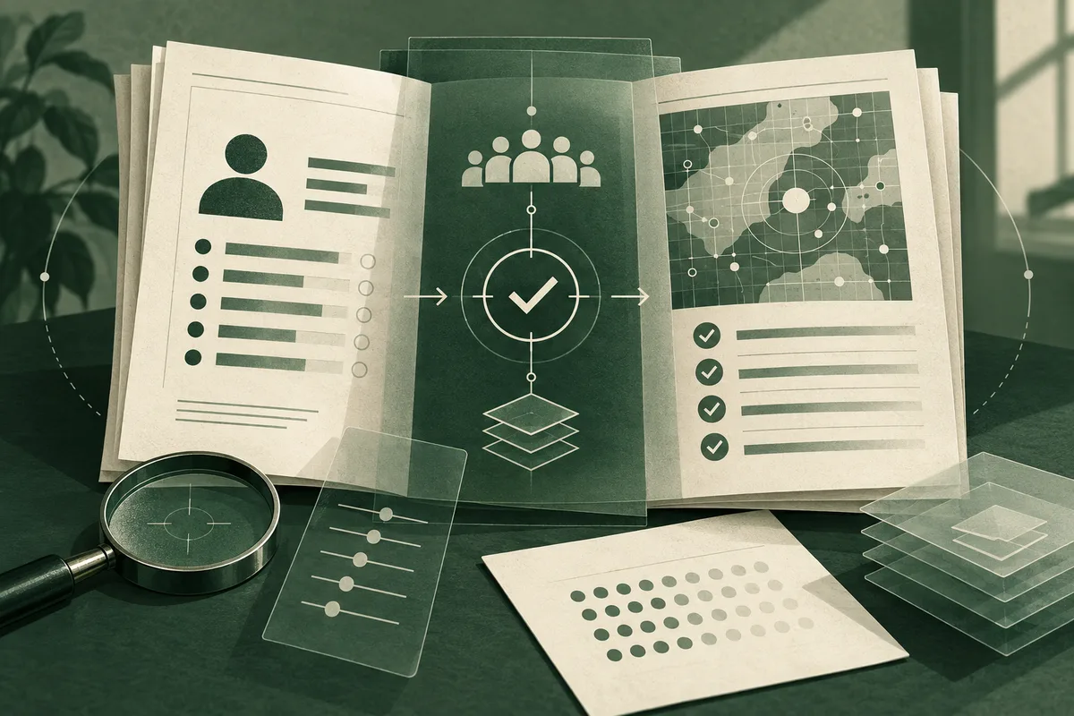 Open report showing a person icon, a group of people, a target with a check mark, a map-like panel, check marks, a magnifying glass, and layered transparent sheets.