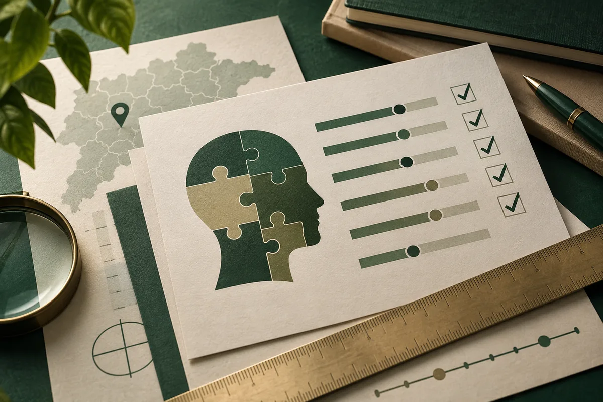 Profile silhouette made of interlocking puzzle pieces beside horizontal bars with circular markers and checked boxes, with a map, ruler, books, pen, and magnifying glass.