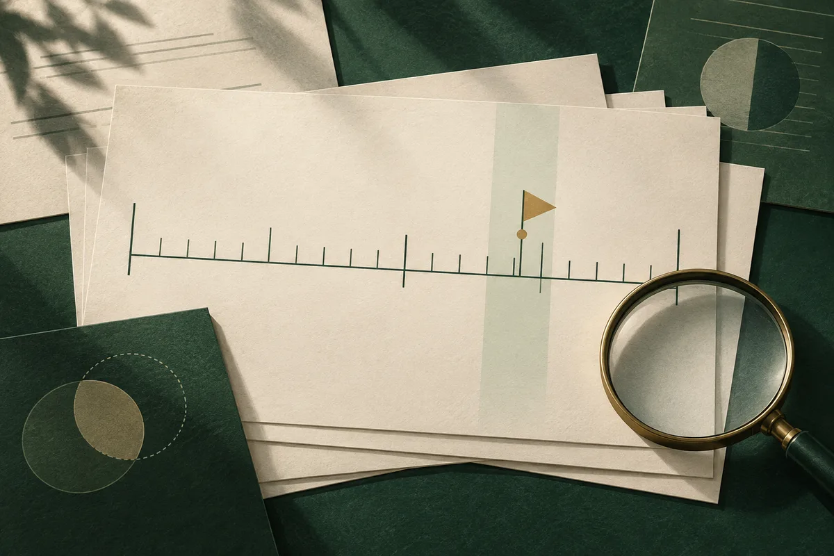 Layered cream papers show a horizontal scale with tick marks and a small flag marker, alongside a magnifying glass and abstract circular charts on a dark green background.
