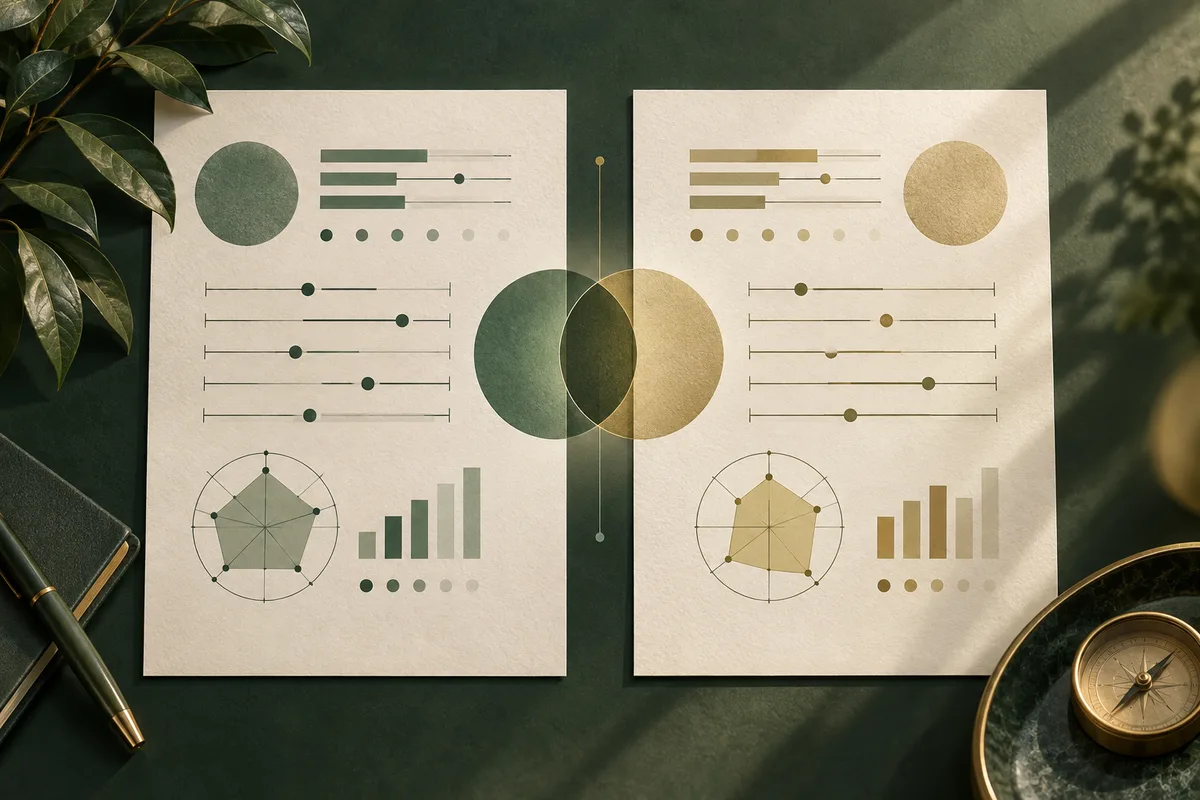 Two cream-colored report pages with green and gold charts, overlapping circles, and geometric diagrams on a dark green surface.