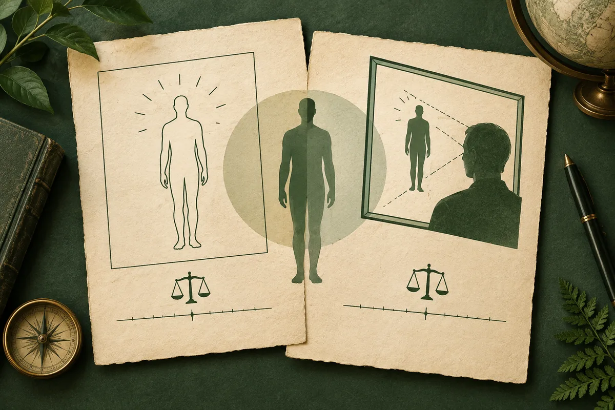 Two cream-colored illustrated pages show human silhouettes, framed figures, and balance scales on a dark green surface.