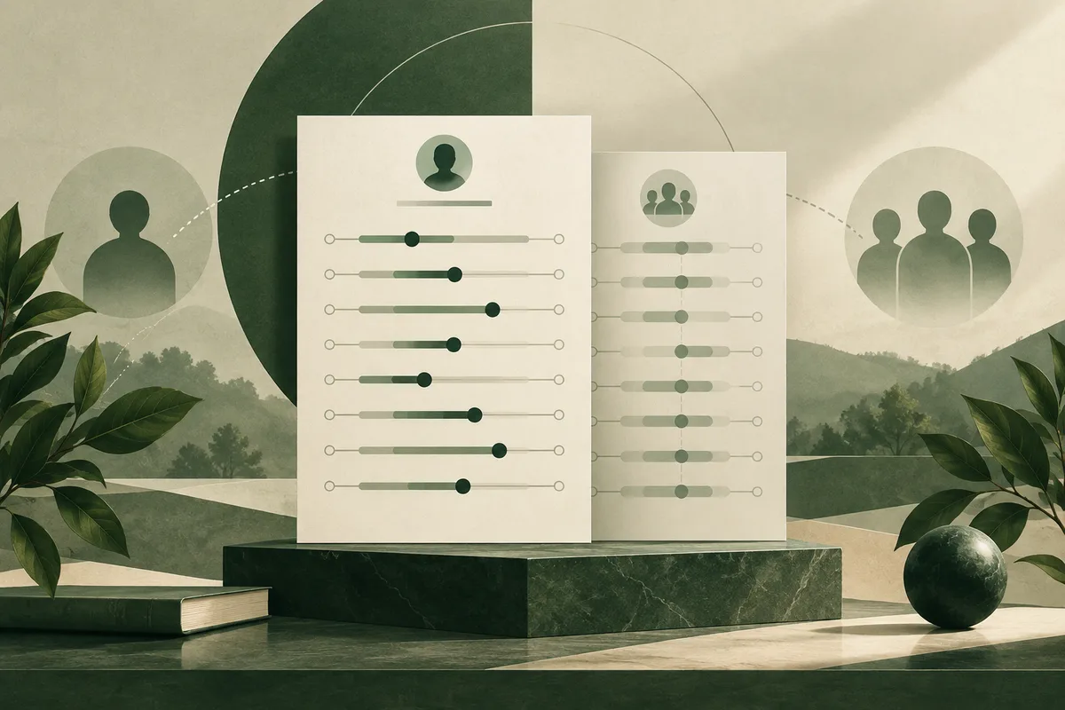 Green and cream illustration of two overlapping profile cards with rows of slider scales, surrounded by silhouette icons, leafy plants, books, and a sphere.