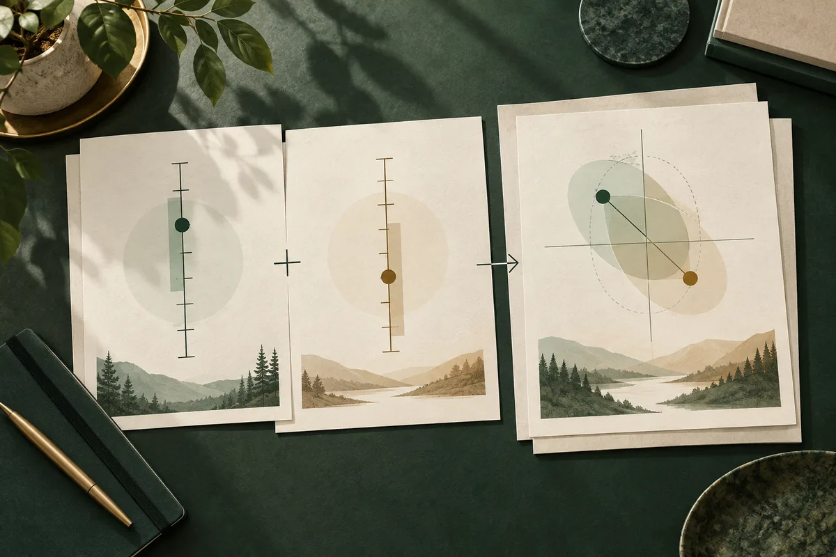 Three cream cards on a dark green desk show two separate vertical scales combining into a two-axis chart with colored dots and a diagonal line. Small landscape illustrations sit along the bottoms of the cards, with a plant and pen nearby.