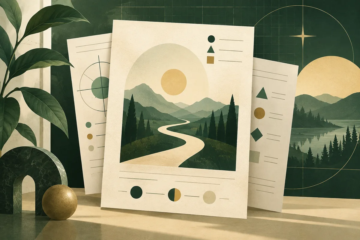Three cream report pages with simple charts and colored shapes stand against a dark green background; the center page shows a winding path through a forest toward a sun.