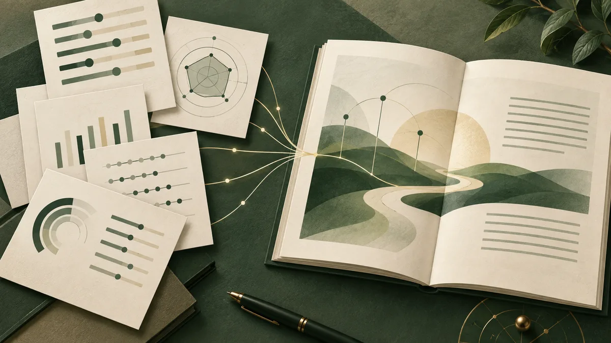 An open report displays an abstract layered landscape beside scattered pages of charts and diagrams, with a pen below and leaves in the corner.