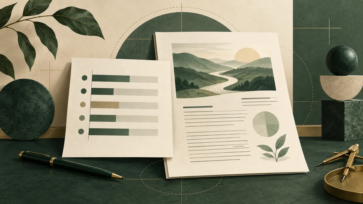 Two cream sheets display colored bars and dots, a landscape with a winding river, text lines, a pie chart, and a leaf illustration. A pen, drafting compass, and geometric shapes sit on a dark green surface around them.