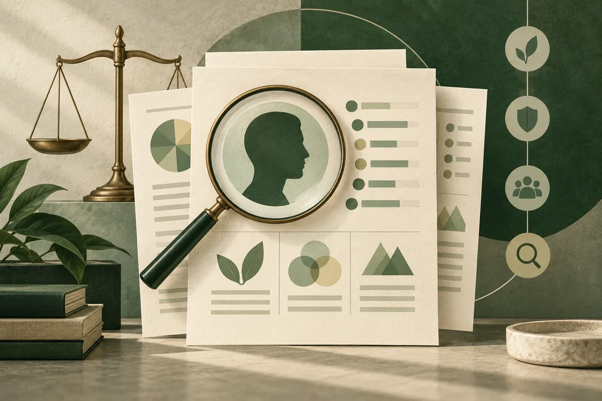 Layered report pages with abstract charts and a profile silhouette under a magnifying glass, beside a balance scale.