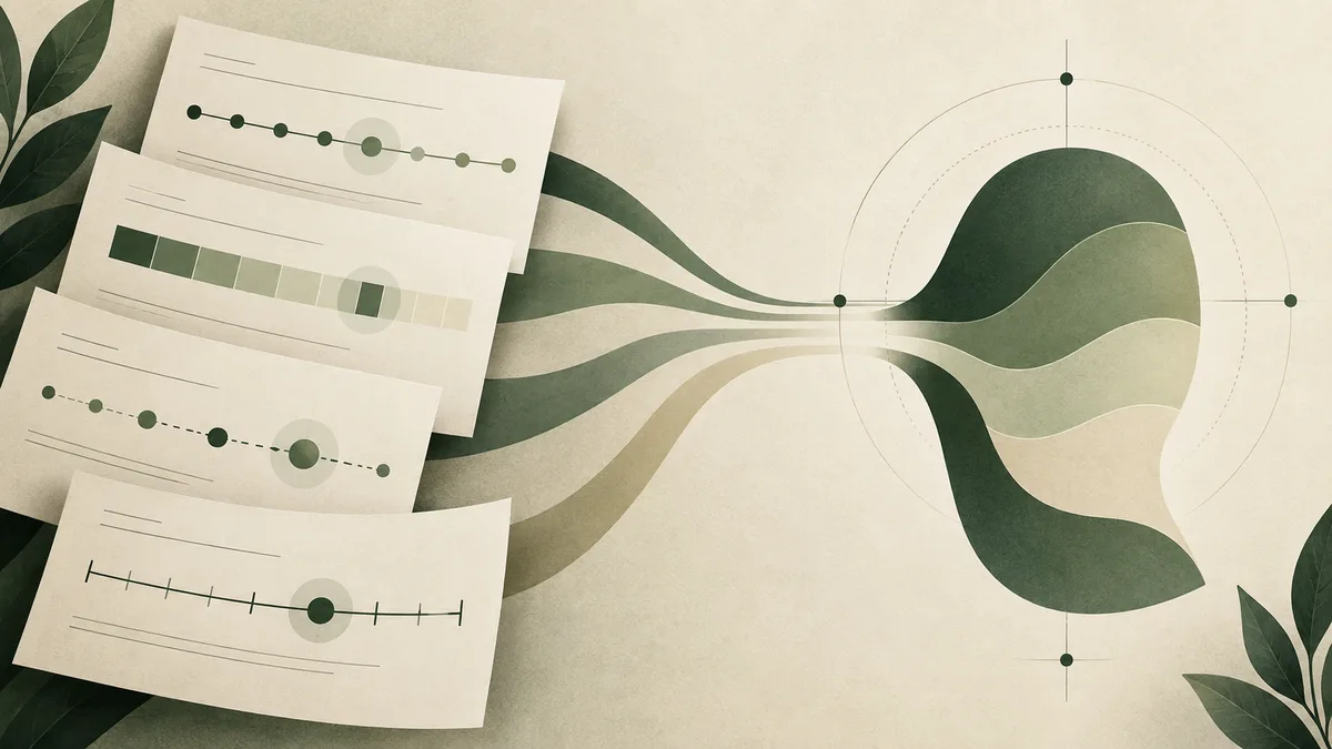 Overlapping report pages show dot plots, shaded scale bars, and a line with tick marks; branching green bands curve toward a circular diagram, with leaves at the edges.