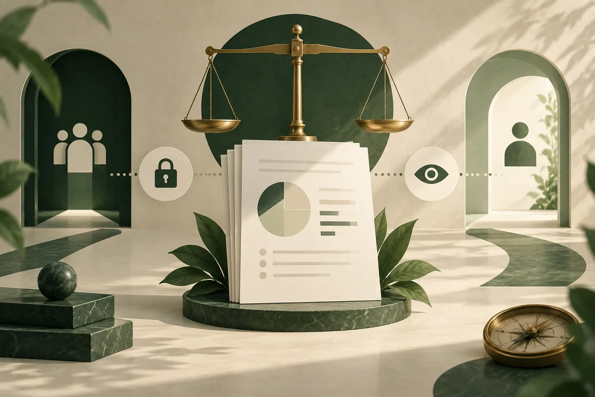 Stack of cream pages with a pie chart and horizontal bars beneath a brass balance scale, flanked by lock and eye icons, abstract person symbols, plants, and a compass on a green-and-cream scene.