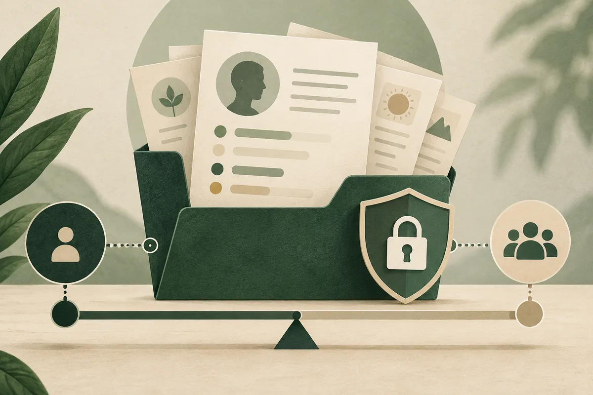 Dark green document folder holding illustrated pages, with a shield and padlock emblem in front, balanced on a beam between single-person and group icons.