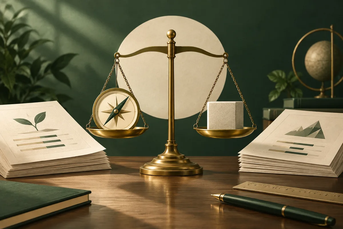 A brass balance scale holds a compass on one side and a cube on the other, between stacks of papers with simple charts.