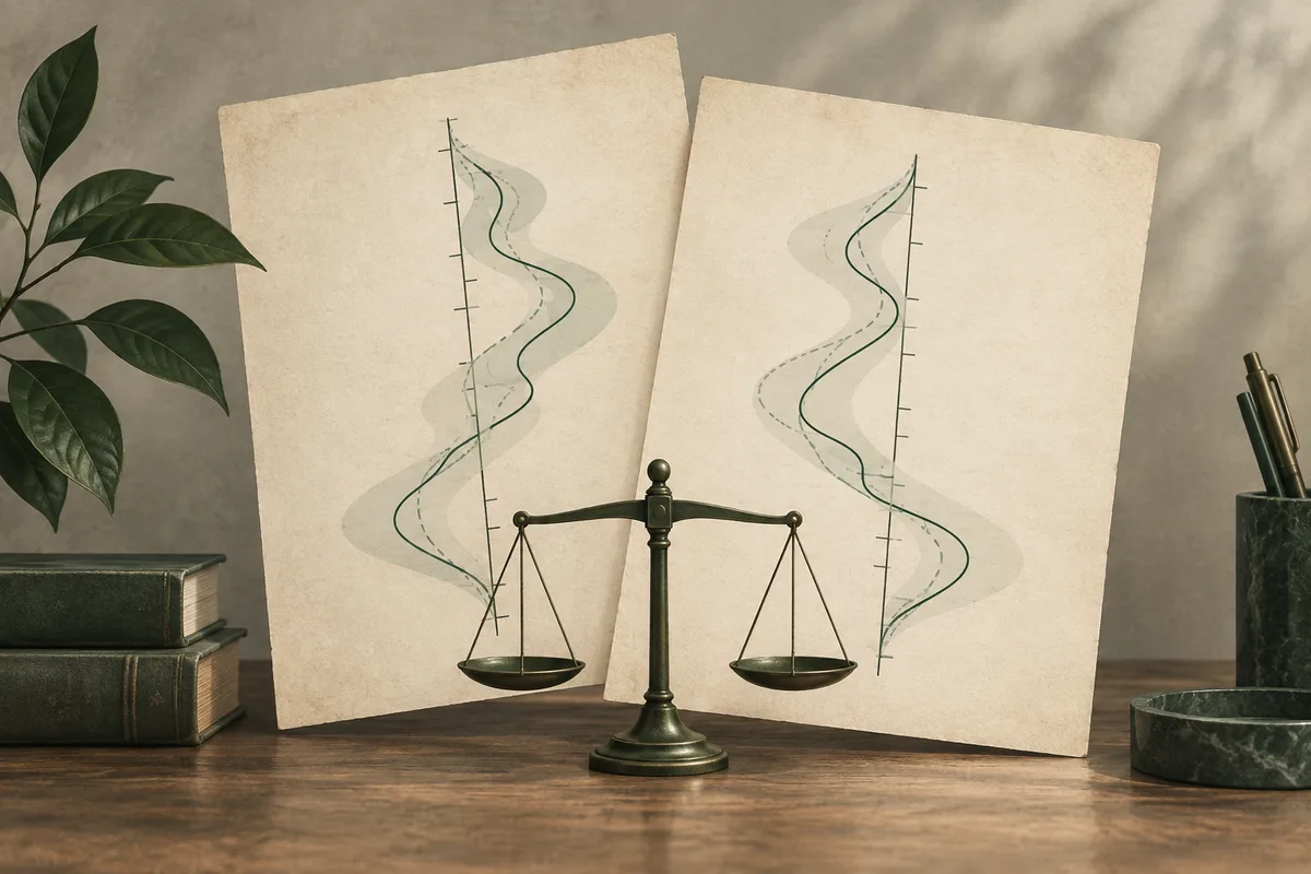 A balance scale stands before two papers with wavy line diagrams, beside stacked books, a leafy plant, and a pen holder.