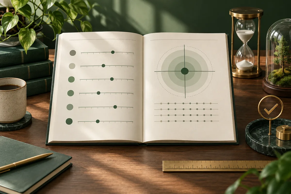 An open cream-colored report book on a wooden desk shows rows of marked scales on one page and a concentric-circle diagram with rows of dots on the other. A plant, hourglass, glass terrarium, cup, pen, and ruler surround it.