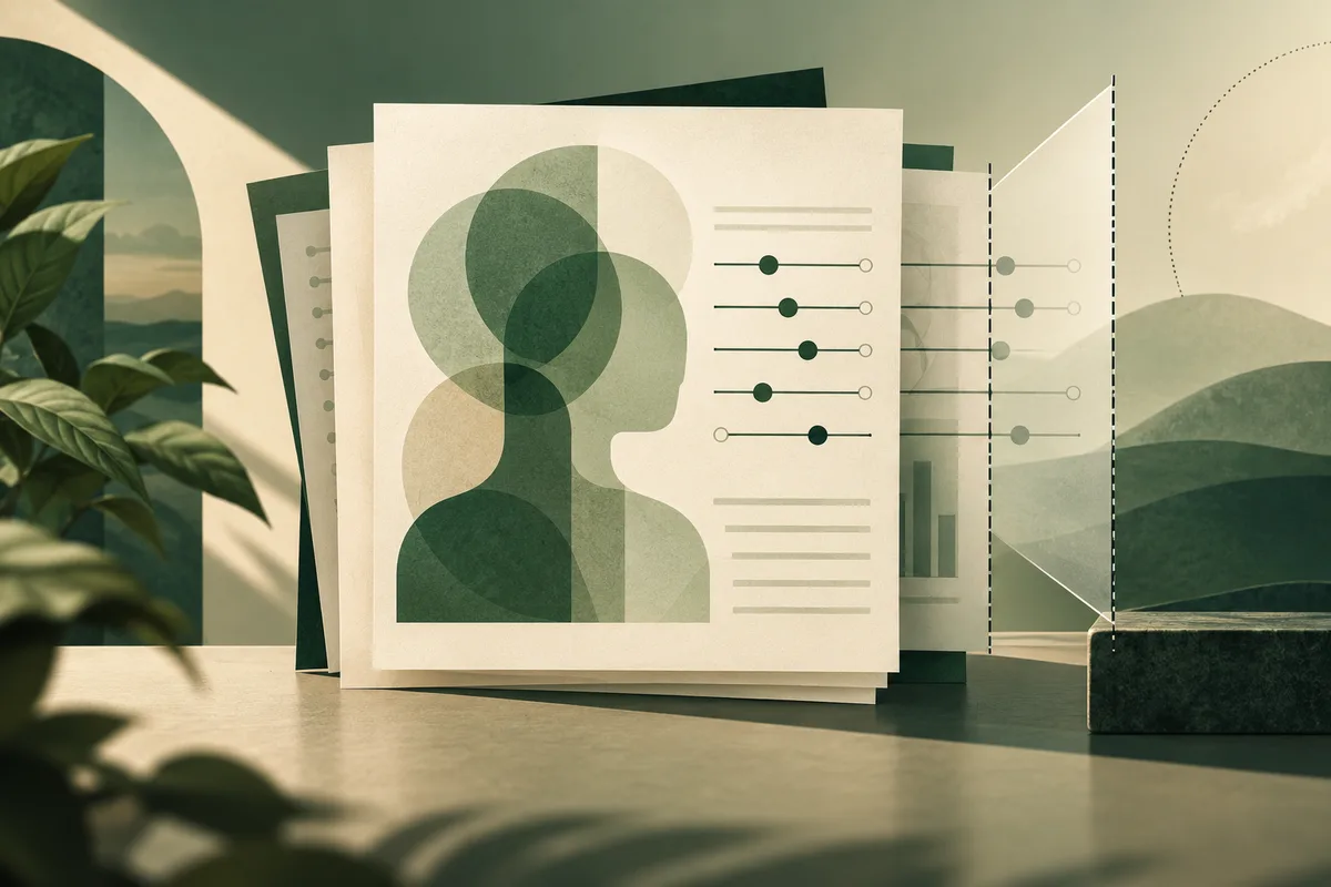 Layered cream report sheets show an abstract green head-and-shoulders silhouette beside slider marks, with leafy plants and rolling green shapes around them.