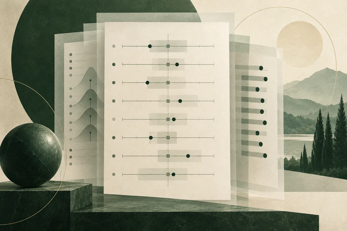 Overlapping report sheets show horizontal scales with green markers, set against a muted landscape of hills and trees.