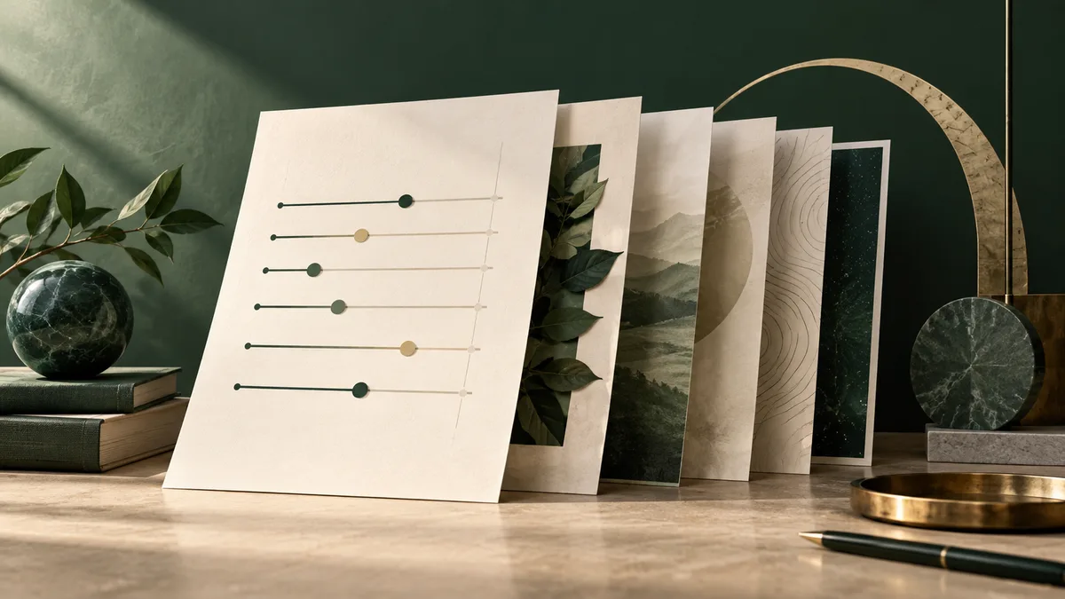A cream sheet with six horizontal lines and colored dots leans against layered art prints, leaves, books, and dark green decorative objects on a wooden table.