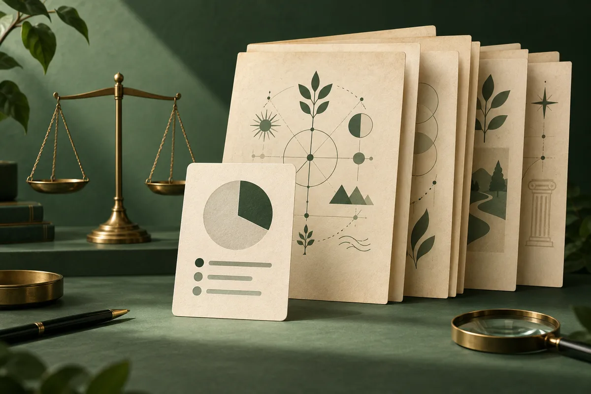 A brass balance scale stands beside stacked cream cards with abstract circles, leaves, mountains, and geometric marks; a small card with a pie chart rests in front.