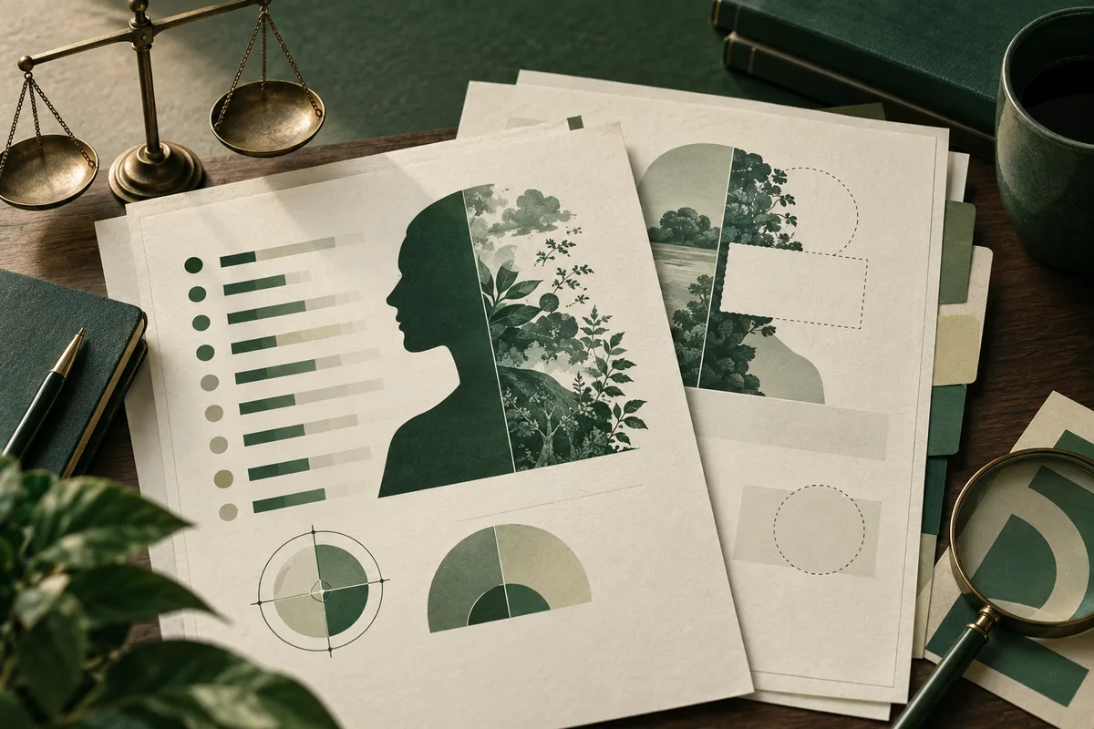 Several cream papers with bar charts, circular diagrams, a side-profile silhouette, and botanical illustrations are spread across a desk beside a balance scale, books, and a magnifying glass.