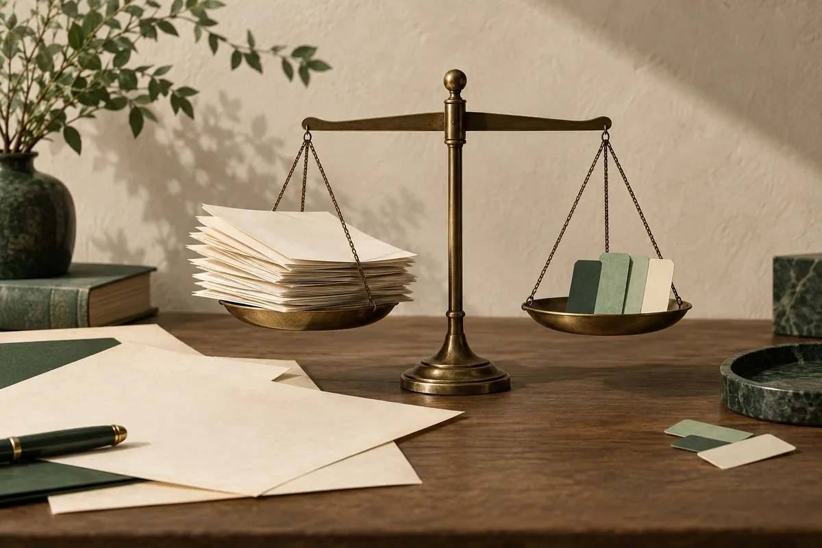 A brass balance scale holds a large stack of papers on one side and three colored cards on the other, with loose papers, a pen, books, and a vase on a wooden table.
