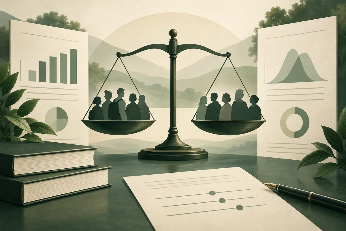 A balance scale holds two groups of silhouetted figures beside report pages with charts, books, and a marked sheet.
