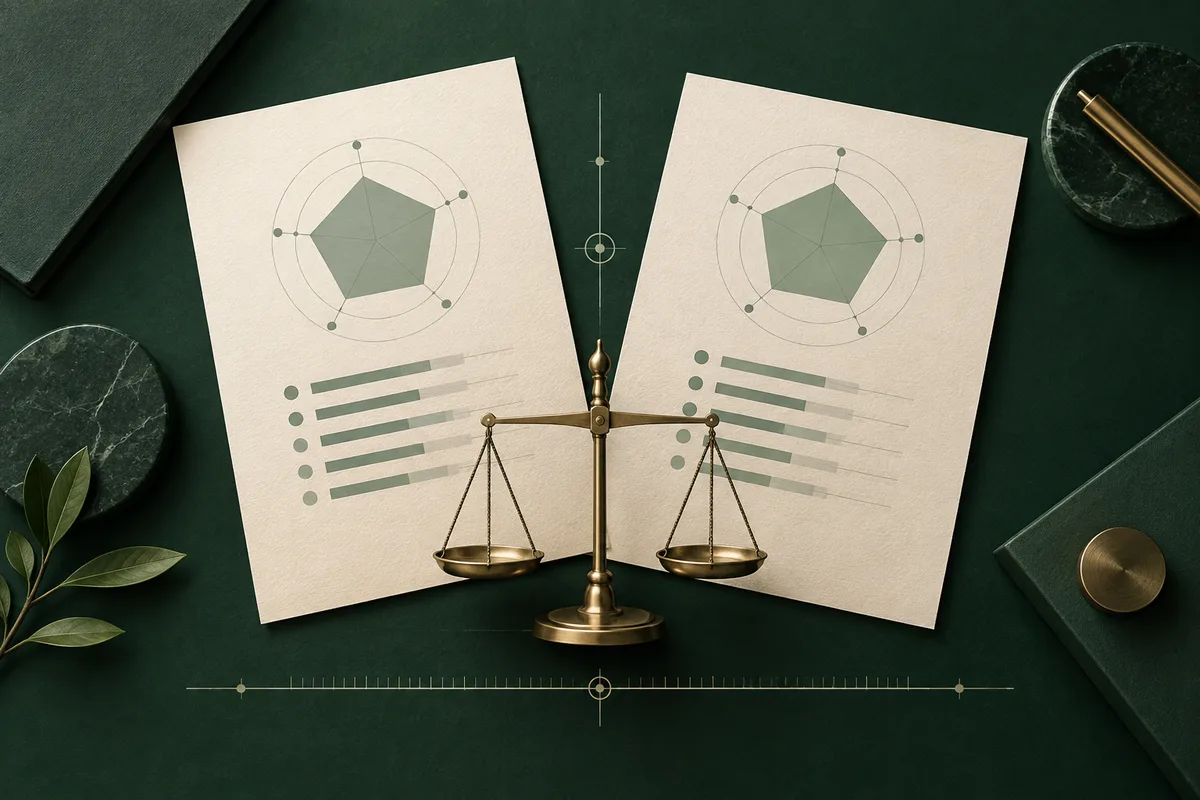 Two cream report pages with polygon diagrams and horizontal bars sit behind a brass balance scale on a dark green surface.