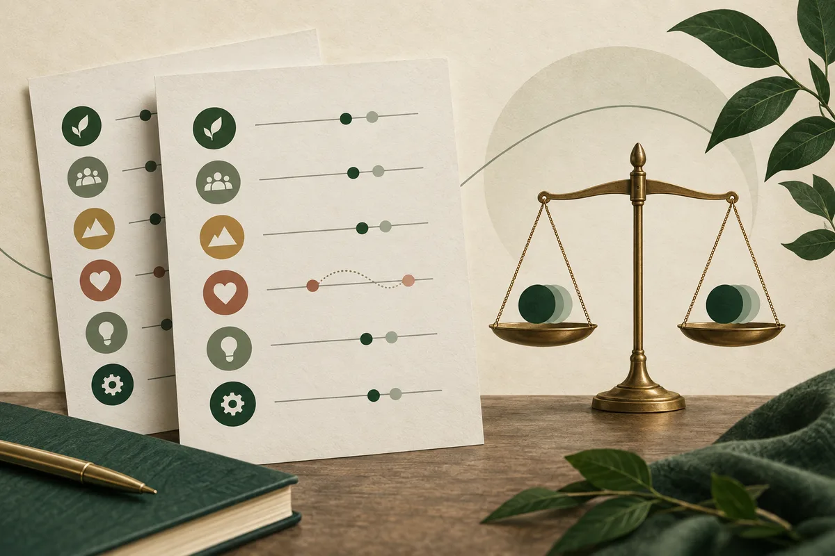 Two cream cards with colored circular icons, lines, and dots sit beside a brass balance scale holding green and gray discs.