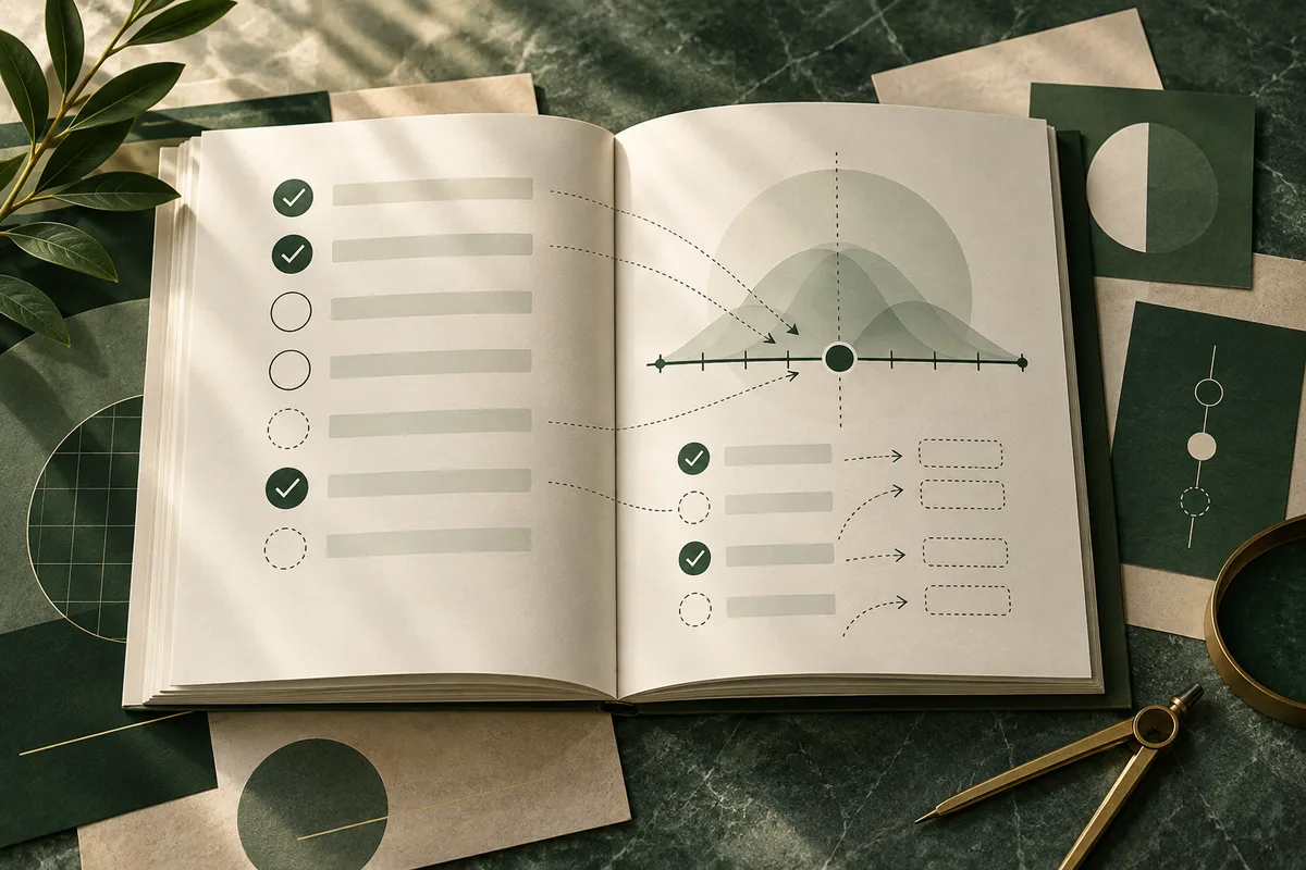 Open book on a dark green surface with circular check marks, blank lines, arrows, and a central bell-shaped diagram; papers, leaves, and a gold compass surround it.