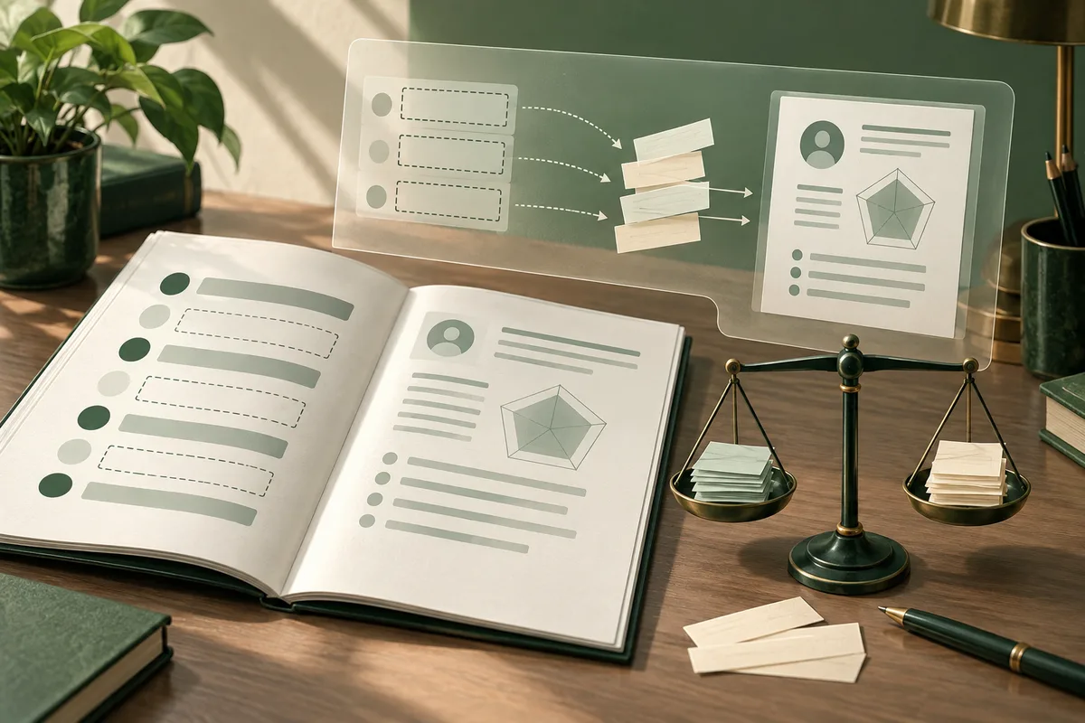 Open notebook on a wooden desk beside a balance scale holding stacks of cards; a translucent panel shows arrows between blank boxes and a page with a circular icon and polygon diagram.