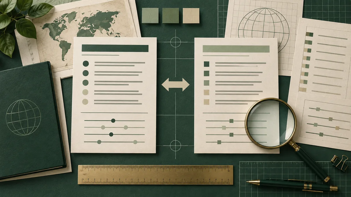Overhead view of two cream sheets with colored markers and horizontal lines on a dark green drafting surface, with a double-headed arrow between them. A world map, globe drawing, magnifying glass, ruler, pen, notebook, and leaves surround the papers.