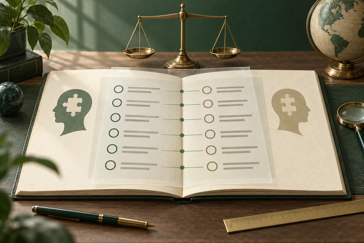 Open book displaying two profile silhouettes with puzzle-piece shapes in their heads and two columns of connected circular checklists. A balance scale, globe, magnifying glass, ruler, pen, and plants sit around the book.