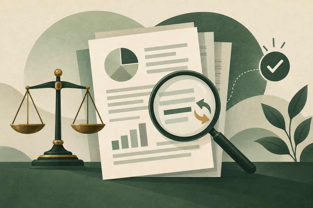 Illustration of stacked report pages with charts under a magnifying glass, beside balance scales, a checkmark symbol, and a leafy plant.