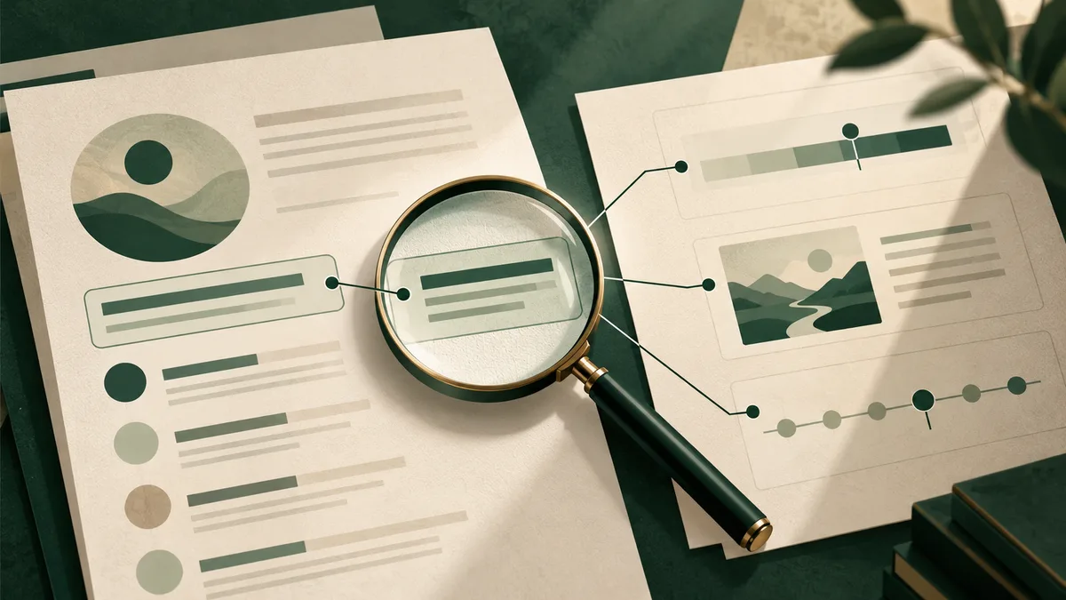 A magnifying glass highlights a line on cream report pages with simple charts and landscape illustrations.