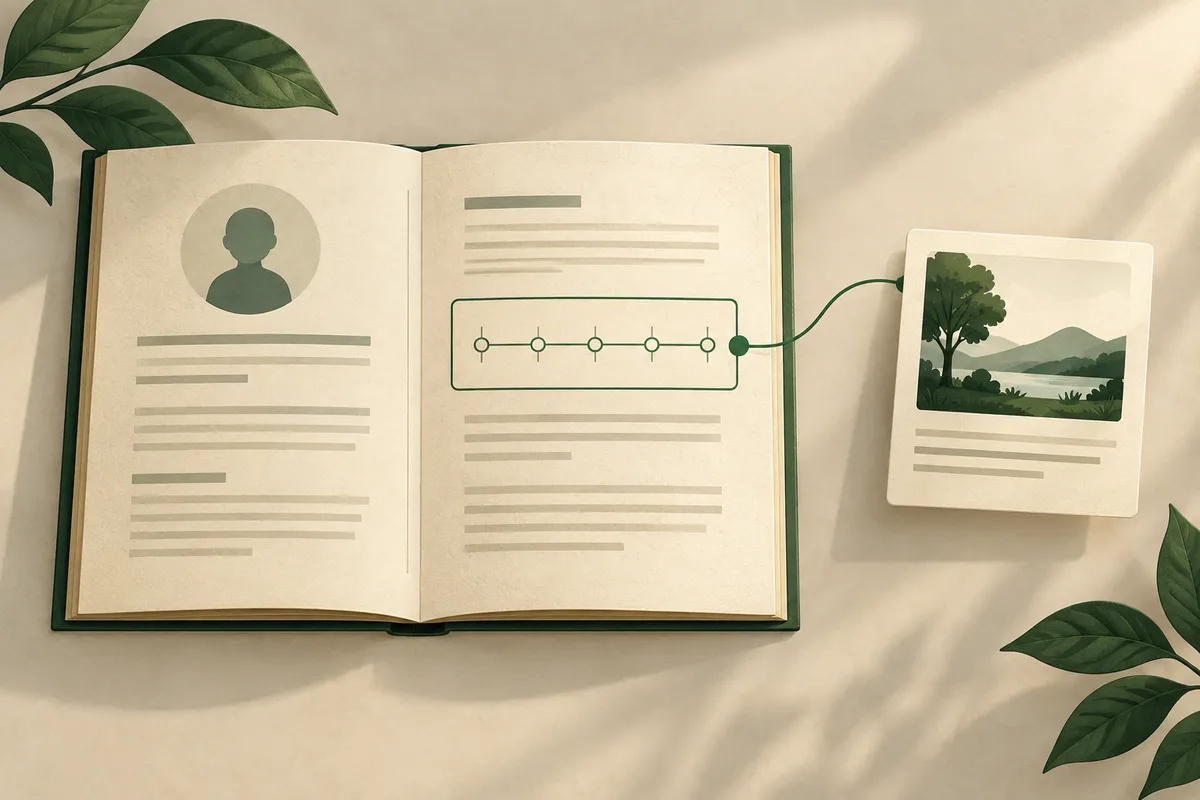An open report shows a profile silhouette and a five-point timeline connected to a card with a landscape illustration.