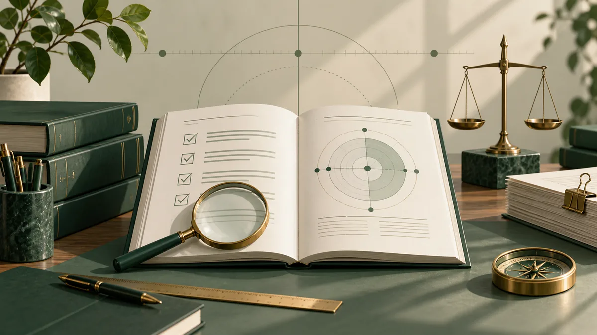 Open book with checklist marks and a circular diagram, beside a magnifying glass, balance scale, ruler, compass, pen, and stacked books.
