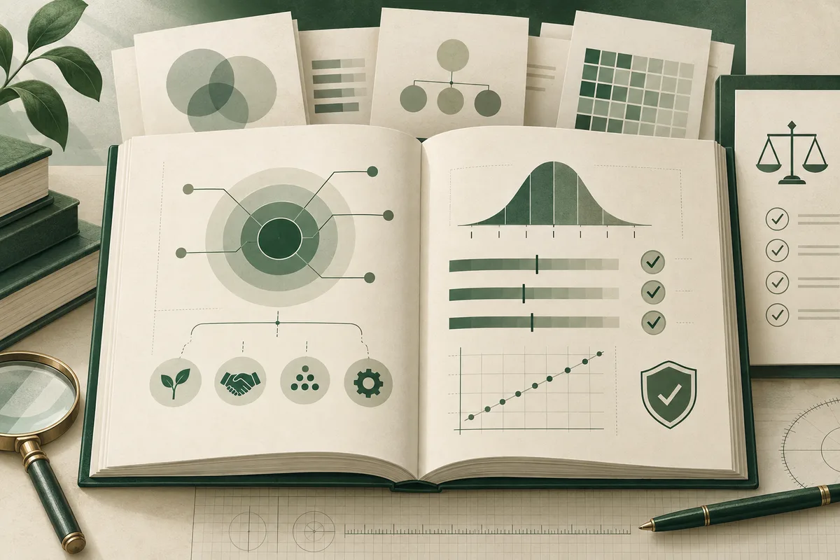 Open book displaying circular diagrams, a bell-shaped chart, bar charts, a rising line graph, checkmarks, and a shield icon, with additional diagram sheets behind it.