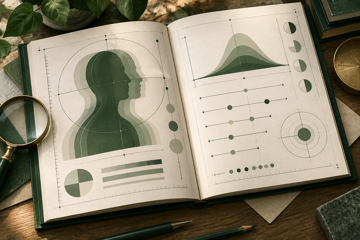 Open book showing overlapping profile silhouettes, layered bell-shaped charts, plotted lines, circular diagrams, and shaded indicators.