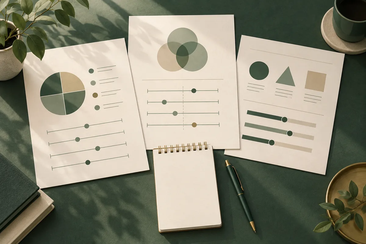 Three cream report pages with abstract charts and slider scales lie beside a blank spiral notebook and pen on a dark green desk, with potted plants at the edges.